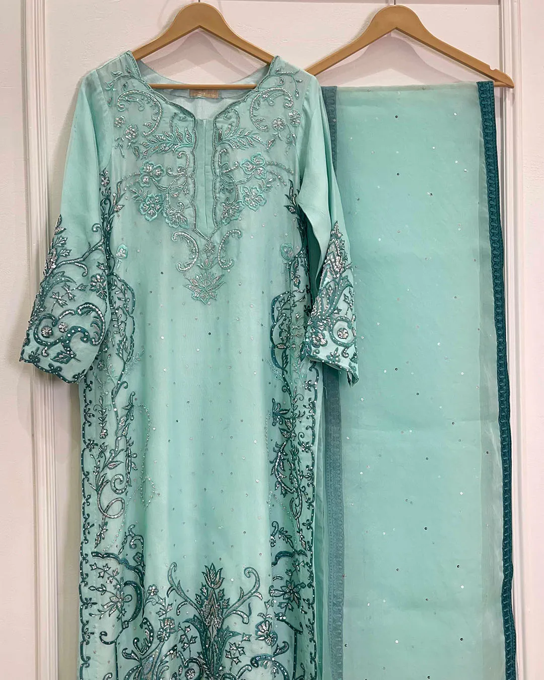 Untitled-1_0002_IMG_7629 Mint Green Baraat Dress Teal Embroidered 3 Piece - Image 1