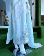 Mint Blue Mehndi Suit Band Gala Resham And Moti Work - Image 4