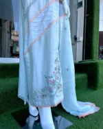 Mint Blue Mehndi Suit Band Gala Resham And Moti Work - Image 3