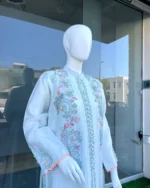 Mint Blue Mehndi Suit Band Gala Resham And Moti Work - Image 2