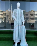 Mint Blue Mehndi Suit Band Gala Resham And Moti Work
