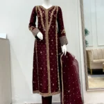Wine Red Suit Gold Dabka Vine And Diamond Cuff Work