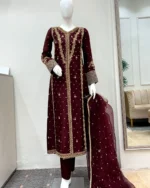 Wine Red Suit Gold Dabka Vine And Diamond Cuff Work
