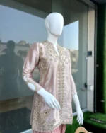 Dusty Rose Metallic Suit Dabka Moti And Sheesha Cuffs - Image 4