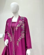 Magenta Layered Frock with Hand Embroidery And Pearl Trim - Image 3
