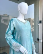 Turquoise Silk Suit Dabka Moti Gala And Scalloped Hem - Image 4