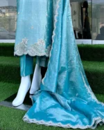 Turquoise Silk Suit Dabka Moti Gala And Scalloped Hem - Image 3