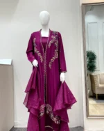 Magenta Layered Frock with Hand Embroidery And Pearl Trim - Image 4