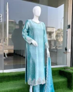 Turquoise Silk Suit Dabka Moti Gala And Scalloped Hem