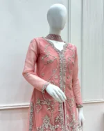 Pink Zardozi Jacket Suit with Sharara  And Stone Work - Image 2