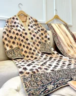 Peach Velvet Floral Booti Suit with Dabka Cuffs - Image 3