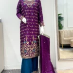 Purple Baraat Wear Suit Floral Embroidery And Mirror Work
