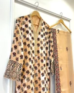 Peach Velvet Floral Booti Suit with Dabka Cuffs - Image 2