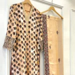 Peach Velvet Floral Booti Suit with Dabka Cuffs