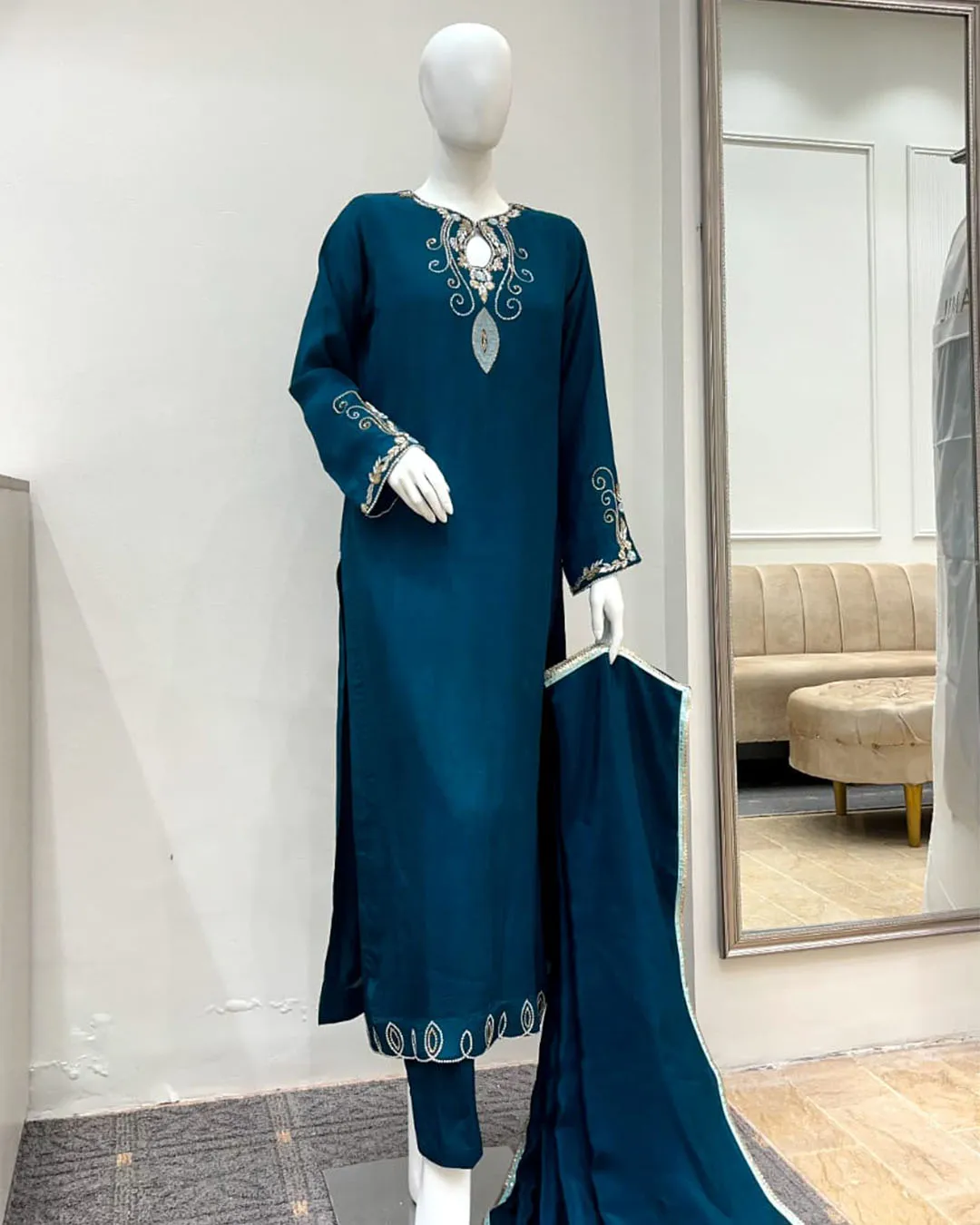 Untitled-1_0023_2ca90e66-8bc5-4039-959d-38c3f59046f5 Deep Teal Walima Suit Pearl And Sequin Neckline Work - Image 1