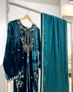 Deep Teal Velvet Walima Suit with Floral Embroidery And Dupatta - Image 2