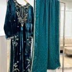 Deep Teal Velvet Walima Suit with Floral Embroidery And Dupatta