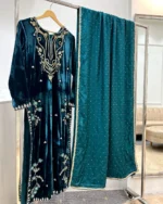 Deep Teal Velvet Walima Suit with Floral Embroidery And Dupatta