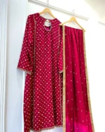 Maroon Nikah Suit Gold Booti Silk And Moti Dupatta - Image 2