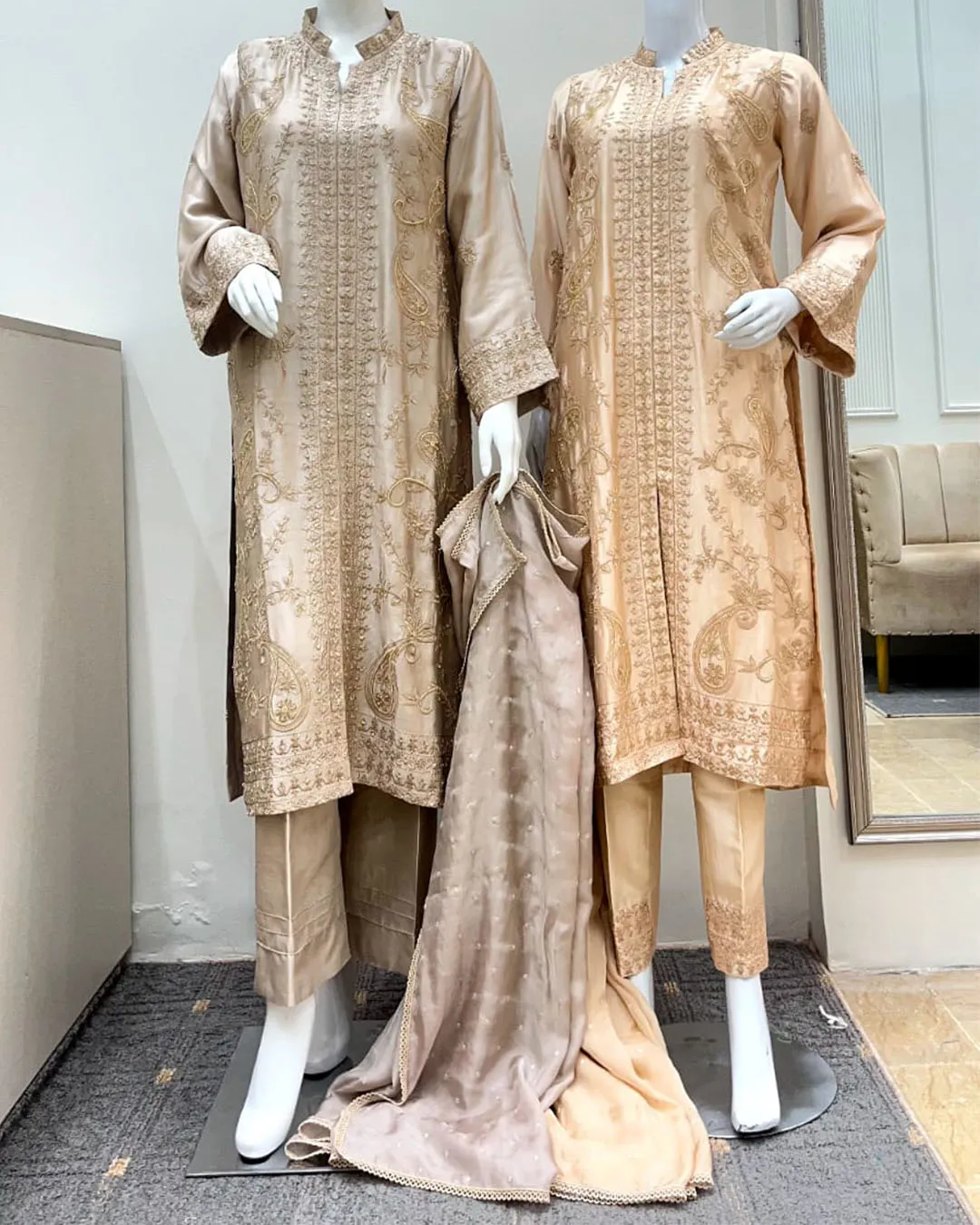 Untitled-1_0028_a2eef5d1-2608-421a-a249-b6fab3fabaac (1) Golden Beige Walima Suit with Heavy Gota And Dabka Embroidery - Image 1