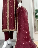 Wine Red Suit Gold Dabka Vine And Diamond Cuff Work - Image 2
