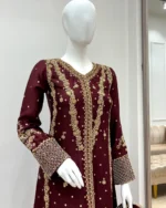 Wine Red Suit Gold Dabka Vine And Diamond Cuff Work - Image 3