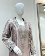 Dusty Rose Metallic Suit Dabka Moti And Sheesha Cuffs - Image 2