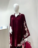Maroon Velvet Walima Suit Resham Hem And Ombre Dupatta - Image 2