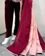 Maroon Velvet Walima Suit Resham Hem And Ombre Dupatta - Image 3