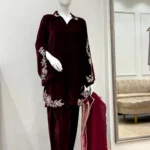 Maroon Velvet Walima Suit Resham Hem And Ombre Dupatta