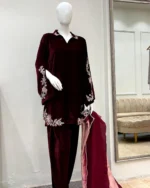 Maroon Velvet Walima Suit Resham Hem And Ombre Dupatta