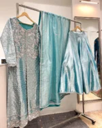 Turquoise Jaal Suit with Lehenga And Net Dupatta