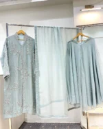 Sage Green Eid Suit Open-Front Dabka Vine Jacket