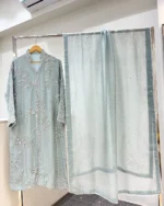 Sage Green Eid Suit Open-Front Dabka Vine Jacket - Image 2