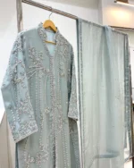 Sage Green Eid Suit Open-Front Dabka Vine Jacket - Image 3