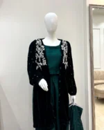 Bottle Green Mehndi Suit Velvet Shrug And Silk 3-Piece Set