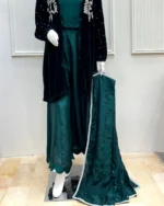 Bottle Green Mehndi Suit Velvet Shrug And Silk 3-Piece Set - Image 3
