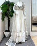Ivory Anarkali Gown with Silver Zardozi And Moti Work