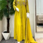Yellow Mehndi Anarkali with Heavy Zardozi Embroidery