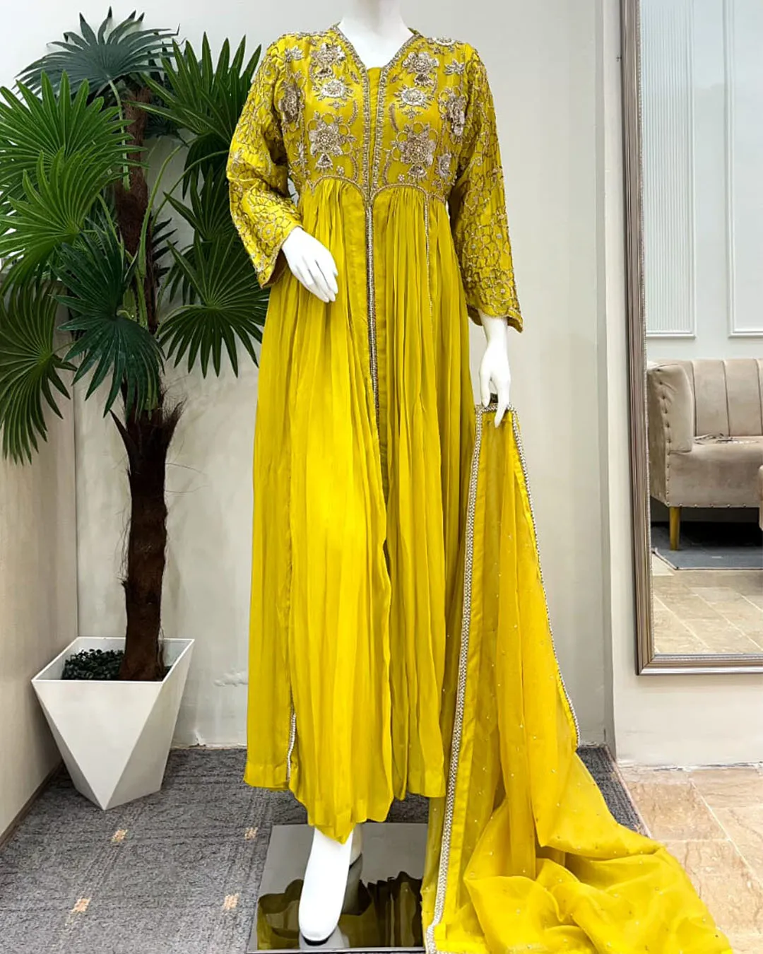 Untitled-1_0090_a423fb6a-999a-4af6-8c86-067d500b6e5a Yellow Mehndi Anarkali with Heavy Zardozi Embroidery - Image 1
