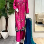 Rani Pink Floral Embroidered Suit with Pearl Dupatta