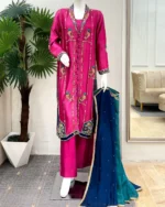 Rani Pink Floral Embroidered Suit with Pearl Dupatta