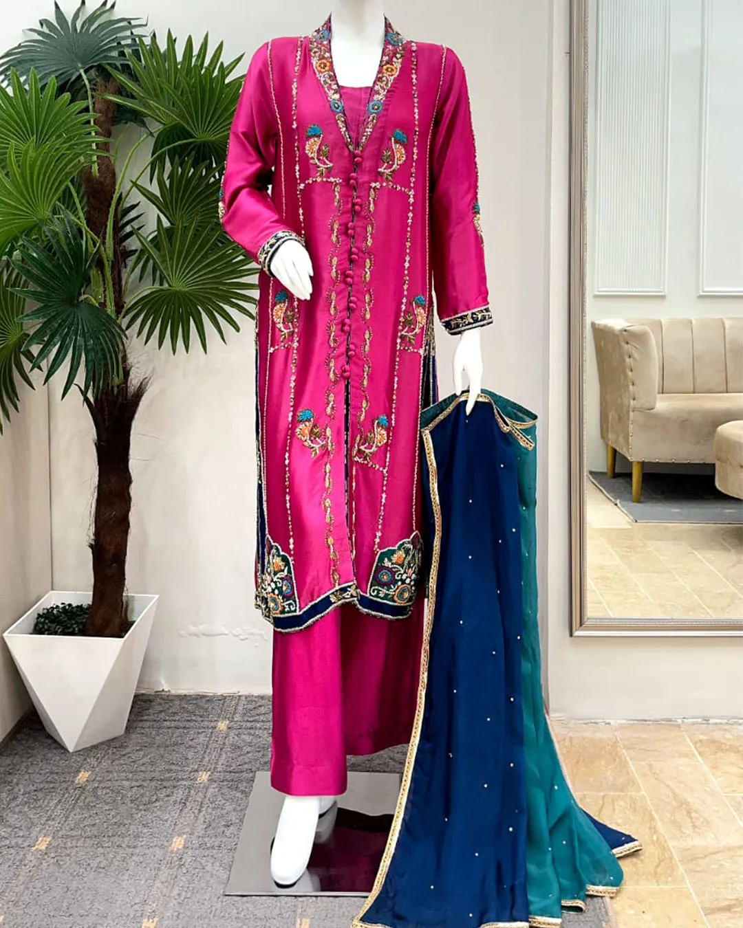 Untitled-1_0093_e0956a53-c970-4e8d-b5ff-175865dbe69d Rani Pink Floral Embroidered Suit with Pearl Dupatta - Image 1