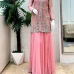Pink Zardozi Jacket Suit with Sharara  And Stone Work