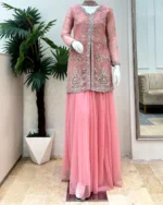 Pink Zardozi Jacket Suit with Sharara  And Stone Work