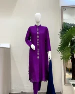 Purple Cutwork Suit with Stone Placket And Navy Dupatta