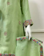 Green Resham Floral Embroidery And Dupatta - Image 3