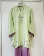 Pista Green Silk Suit Purple Floral Embroidery