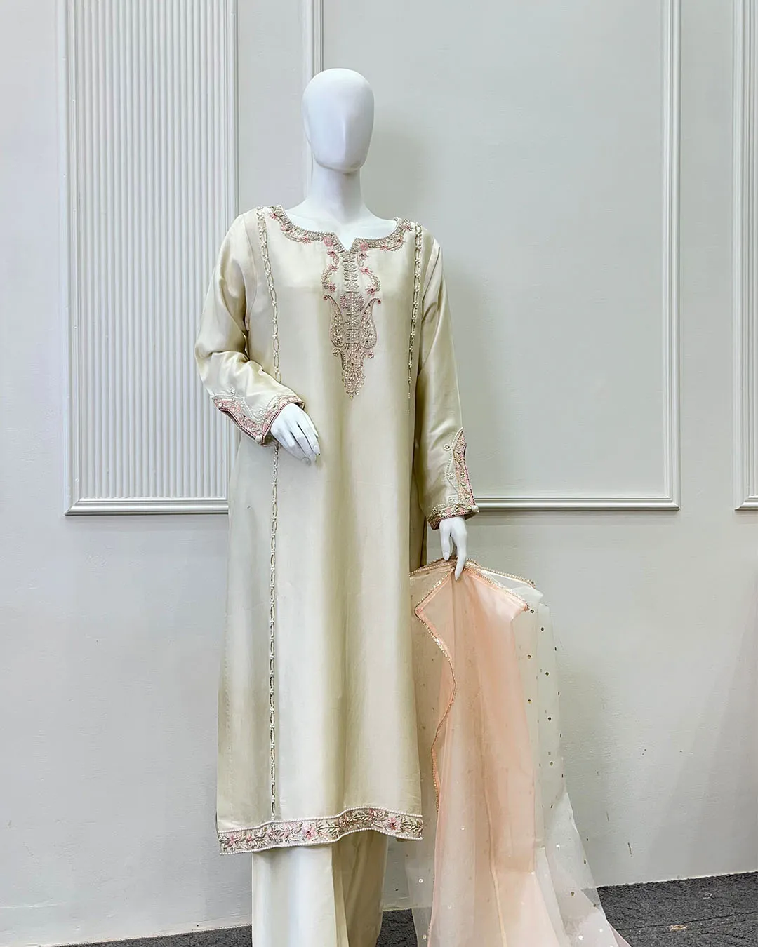 p4_0003_gold-beige- Cream And Peach 3 Piece Pearl Embroidered Wedding Dress - Image 1