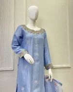Sky Blue Silk 3 Piece Resham Embroidered Dress - Image 2
